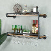 Wine Rack Wall Mounted 2 Tier With Glass Holder Storage Under, Industrial Rustic Pipe Farmhouse Kitchen Decor Black, 35.4X10.6X19.7