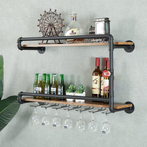 Wine Rack Wall Mounted 2 Tier With Glass Holder Storage Under, Industrial Rustic Pipe Farmhouse Kitchen Decor Black, 35.4X10.6X19.7