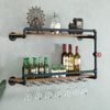 Wine Rack Wall Mounted 2 Tier With Glass Holder Storage Under, Industrial Rustic Pipe Farmhouse Kitchen Decor Black, 35.4X10.6X19.7