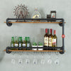 Wine Rack Wall Mounted 2 Tier With Glass Holder Storage Under, Industrial Rustic Pipe Farmhouse Kitchen Decor Black, 35.4X10.6X19.7