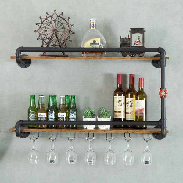 Wine Rack Wall Mounted 2 Tier With Glass Holder Storage Under, Industrial Rustic Pipe Farmhouse Kitchen Decor Black, 35.4X10.6X19.7