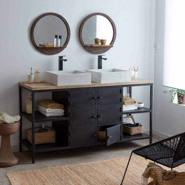 Marley round mirror with mango wood shelf