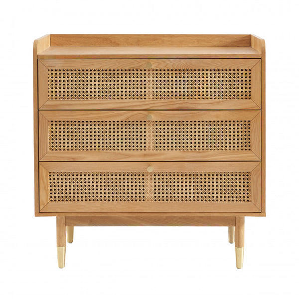 BOMBONG Commode 3 tiroirs en bois et cannage L85cm