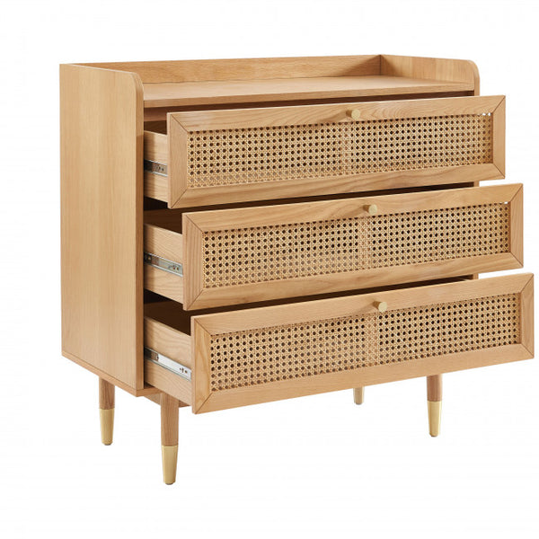 BOMBONG Commode 3 tiroirs en bois et cannage L85cm