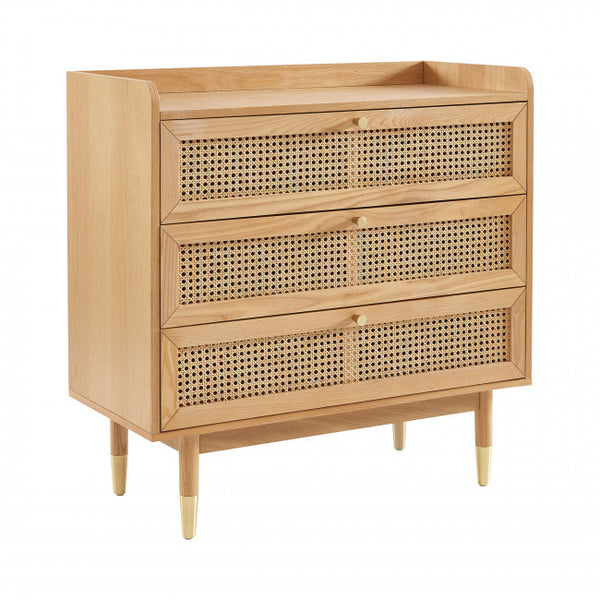 BOMBONG Commode 3 tiroirs en bois et cannage L85cm