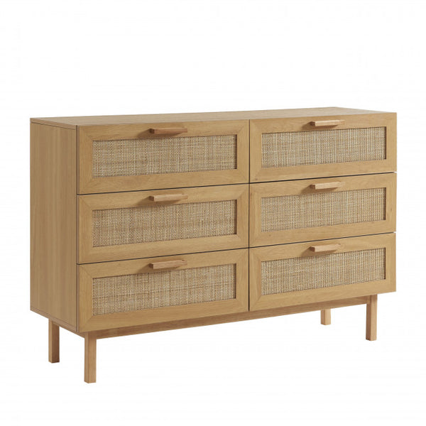 June - Commode 6 tiroirs en bois et cannage L130cm