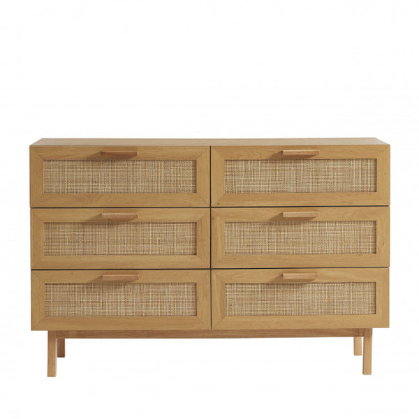 June - Commode 6 tiroirs en bois et cannage L130cm