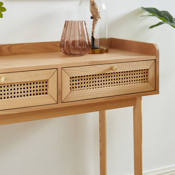 BOMBONG Console 2 tiroirs en bois et cannage L100cm