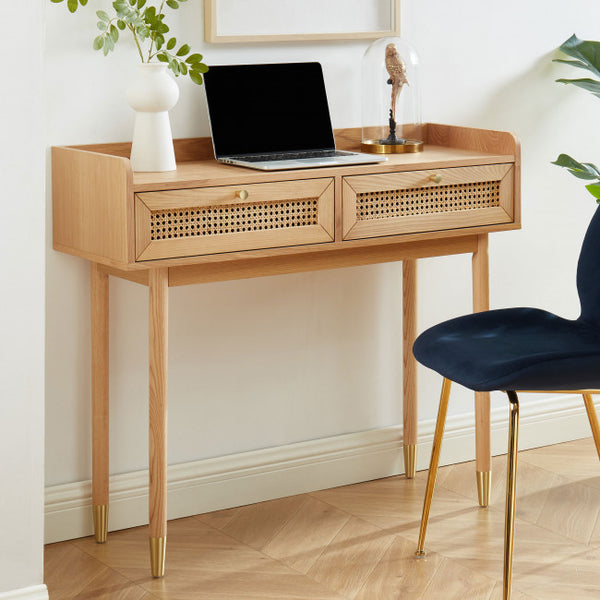 BOMBONG Console 2 tiroirs en bois et cannage L100cm