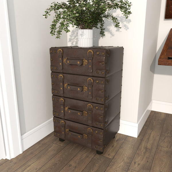 Urbana Black Faux Leather Vintage 4 Drawer Room Chest with Buckle Straps & Gold Stud Accents