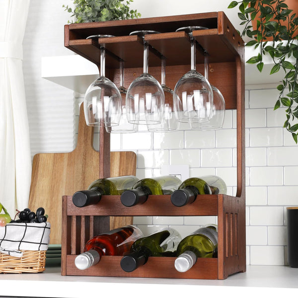 Wine And Wine Glass Rack, Wine Glass Holder, Countertop Bar Organizer, Wood, 13" L X 10.25" W X 20" H, Brown