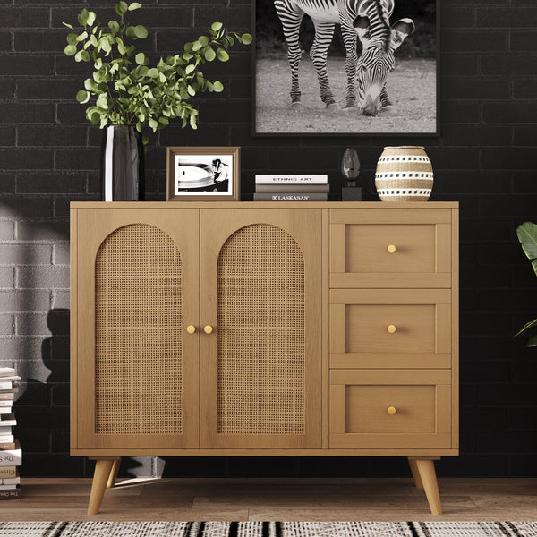 Aimani 37.4'' Sideboard, Buffet Cabinet with Door and 3 Drawers, Rattan Floor Storage Cabinet for Dining Room, Living Room