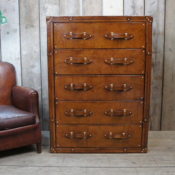 Luxury Tan Leather Tall Set of Drawers