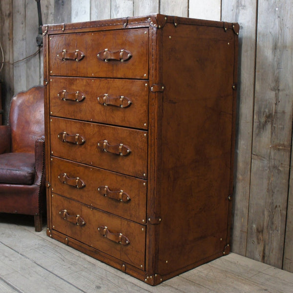 Luxury Tan Leather Tall Set of Drawers
