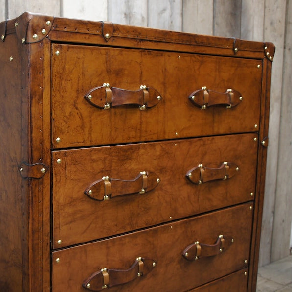 Luxury Tan Leather Tall Set of Drawers