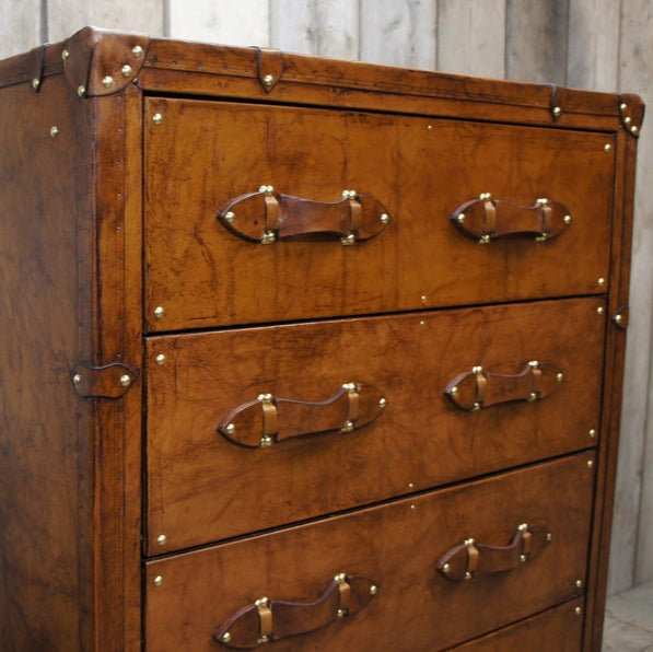 Luxury Tan Leather Tall Set of Drawers