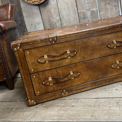 Luxury bridle leather antique aged reception trunk with draws