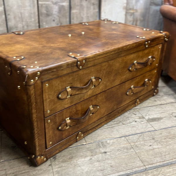 Luxury bridle leather antique aged reception trunk with draws