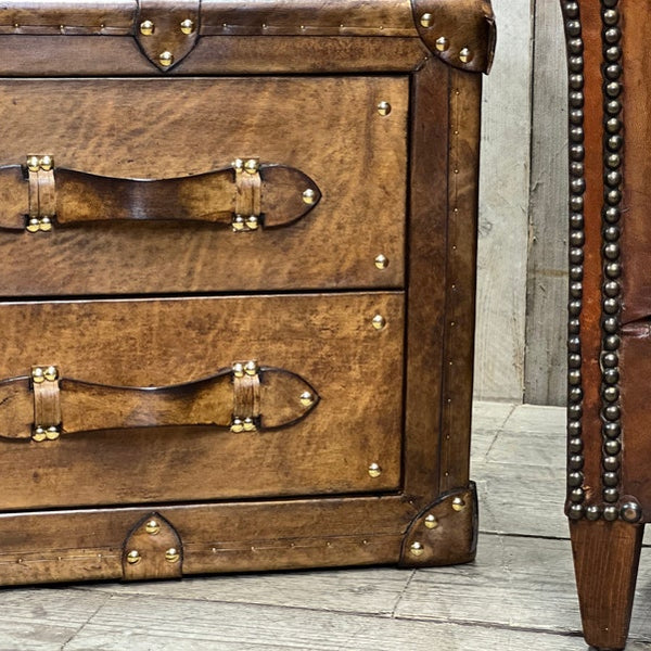 Luxury bridle leather antique aged reception trunk with draws