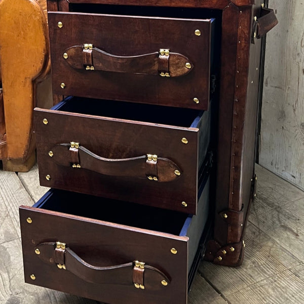 Luxury Handmade Tall Boy Leather 3 Draw Console End Table Trunk