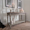 Le Trésor II, wooden table, desk, distress finish, narrow table, wooden console, carved console