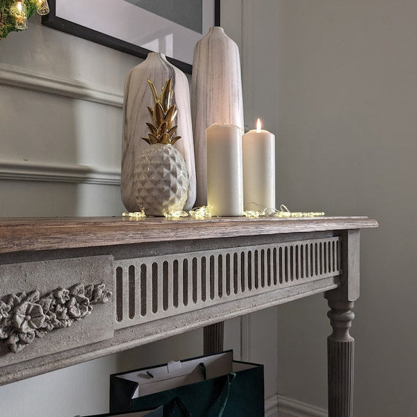 Le Trésor II, wooden table, desk, distress finish, narrow table, wooden console, carved console