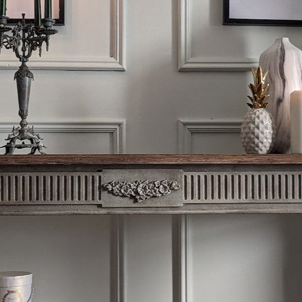 Le Trésor II, wooden table, desk, distress finish, narrow table, wooden console, carved console