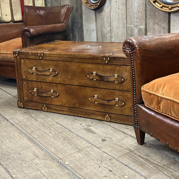 Luxury bridle leather antique aged reception trunk with draws