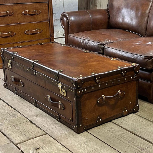 Coffee Table Luxury English Bridle Leather Hand Dyed Chestnut Brown Room Decor