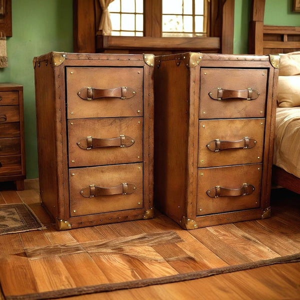 Handcrafted Leather Wooden Nightstand Modern Bedroom Side Table Rustic Storage Nightstand Compact for Small Spaces Customizable Wood Finish