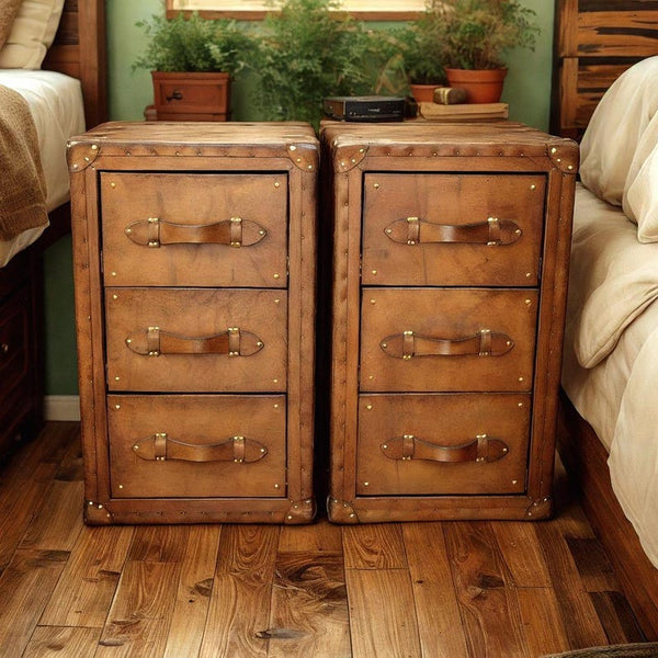 Handcrafted Leather Wooden Nightstand Modern Bedroom Side Table Rustic Storage Nightstand Compact for Small Spaces Customizable Wood Finish