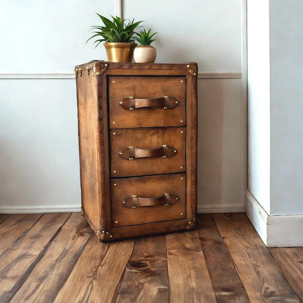 Handcrafted Leather Wooden Nightstand Modern Bedroom Side Table Rustic Storage Nightstand Compact for Small Spaces Customizable Wood Finish