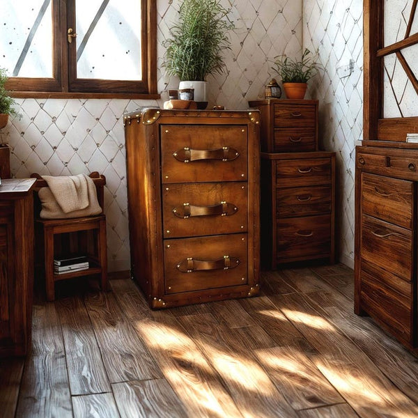 Handcrafted Leather Wooden Nightstand Modern Bedroom Side Table Rustic Storage Nightstand Compact for Small Spaces Customizable Wood Finish