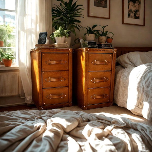 Handcrafted Leather Wooden Nightstand Modern Bedroom Side Table Rustic Storage Nightstand Compact for Small Spaces Customizable Wood Finish