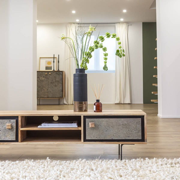 TV cabinet in acacia wood and Como stone