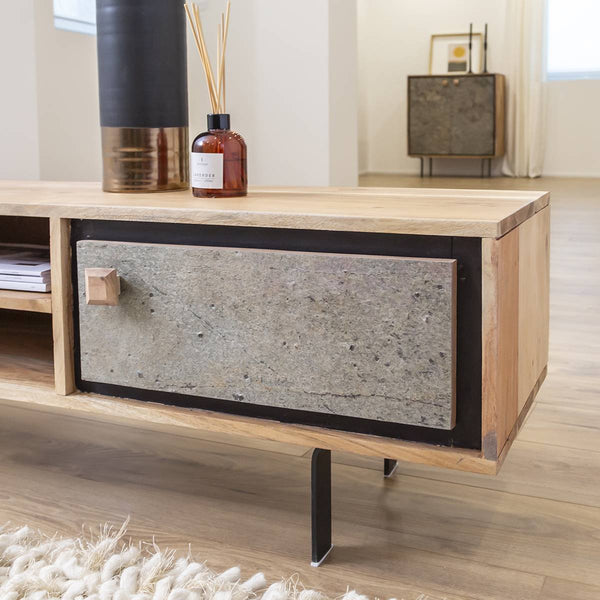 TV cabinet in acacia wood and Como stone