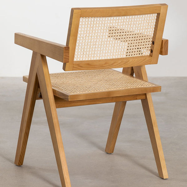 Rectangular Dining Table Set (180x90 cm) Arnaiz And 4 Chairs with Armrests in Fresno Wood and Rattan Lali Style