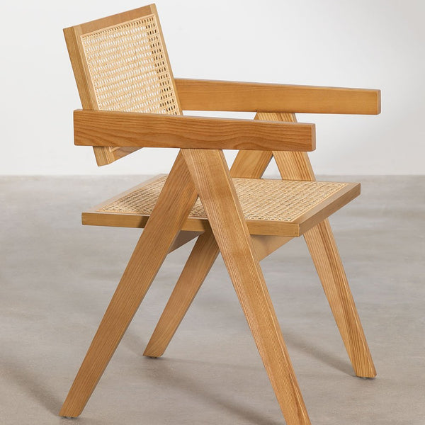 Rectangular Dining Table Set (180x90 cm) Arnaiz And 4 Chairs with Armrests in Fresno Wood and Rattan Lali Style