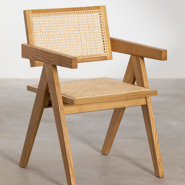 Rectangular Dining Table Set (180x90 cm) Arnaiz And 4 Chairs with Armrests in Fresno Wood and Rattan Lali Style