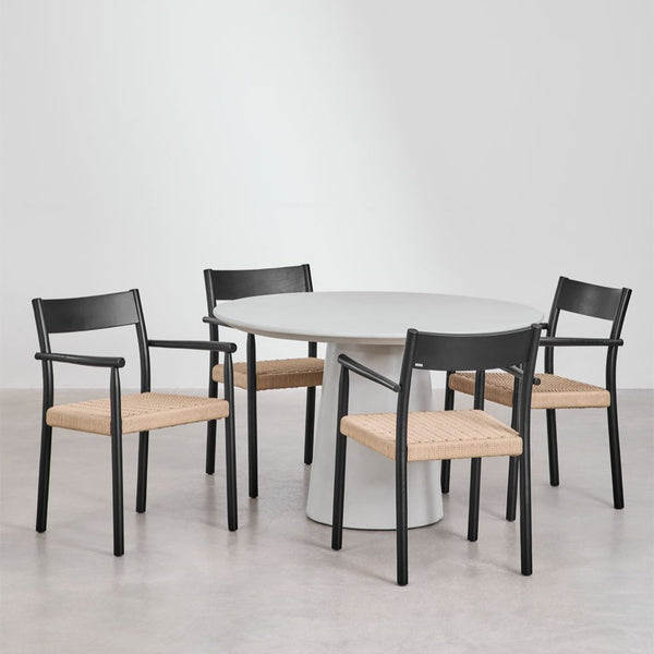 Set of round cement table (Ø120 cm) Noemi and 4 dining chairs in oak wood and braided rope Mara