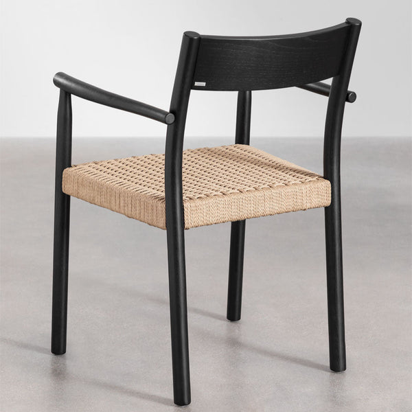 Set of round cement table (Ø120 cm) Noemi and 4 dining chairs in oak wood and braided rope Mara