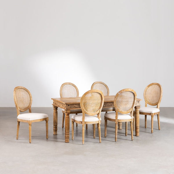 Rectangular Table Set in Mango Wood Taraz (160x90 cm) and 6 Dining Chairs in Fabric Sunna