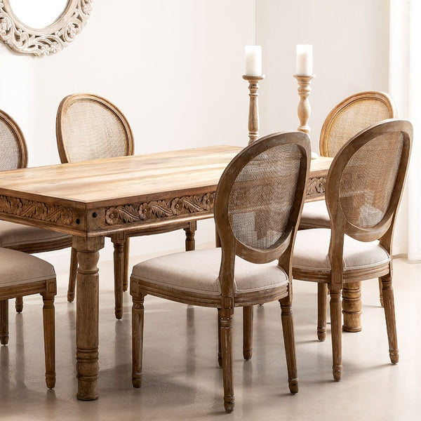 Rectangular Table Set in Mango Wood Taraz (160x90 cm) and 6 Dining Chairs in Fabric Sunna