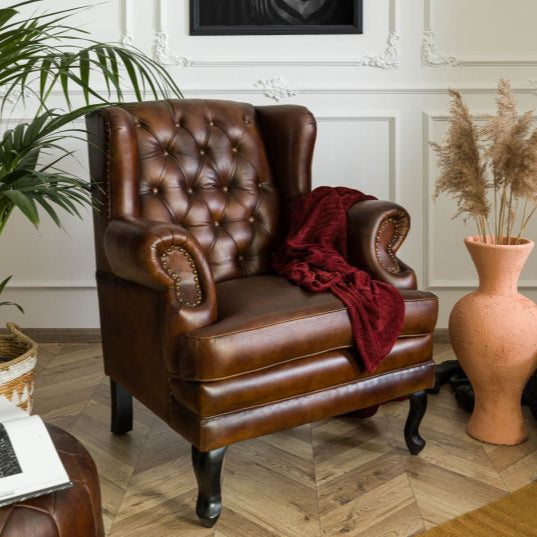 Wing chair genuine leather 88x80x108 brown CHESTERFIELD #101