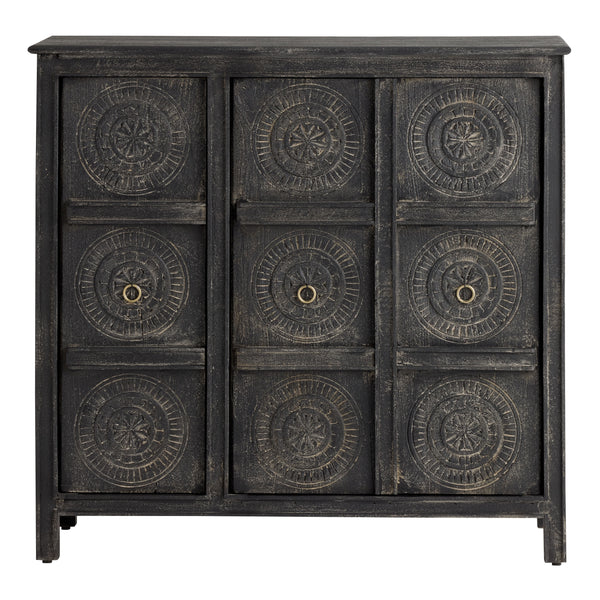 Shimla Distressed Black Carved Wood Medallion Storage Cabinet