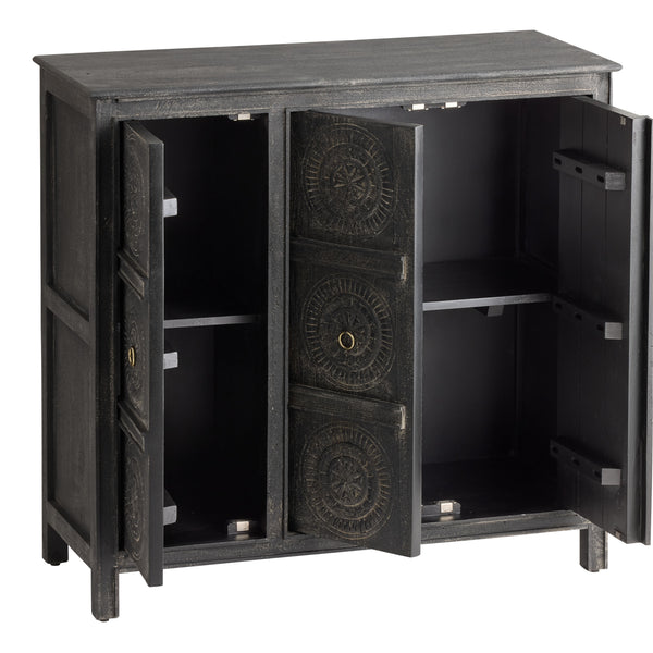 Shimla Distressed Black Carved Wood Medallion Storage Cabinet