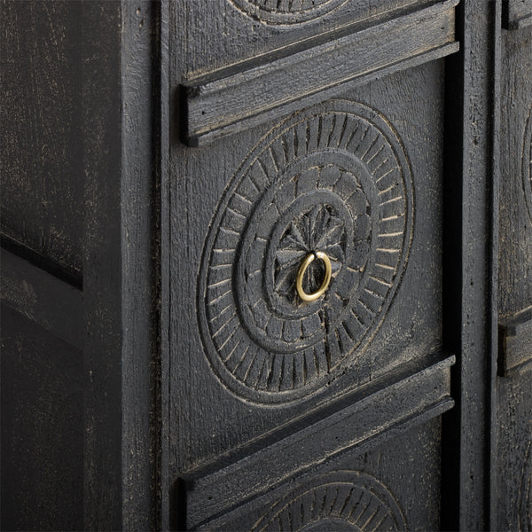 Shimla Distressed Black Carved Wood Medallion Storage Cabinet