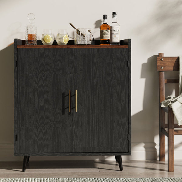 31.5''×19'' Mid-Century Style Home Bar Cabinet With Doors, Indoor Mini Bar With Storage For Living Room & Office, Wooden Bar Stand With Wine Rack, Buffet Cabinet For Kitchen & Dining Room