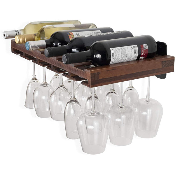 5 Bottle Solid Wood Wall Mounted Wine Bottle & Glass Rack in Walnut