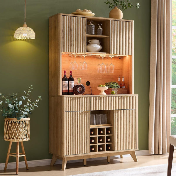 72" Wine Bar Cabinet, Modern Wood Coffee Bar Cabinet with LED Lights - N/A